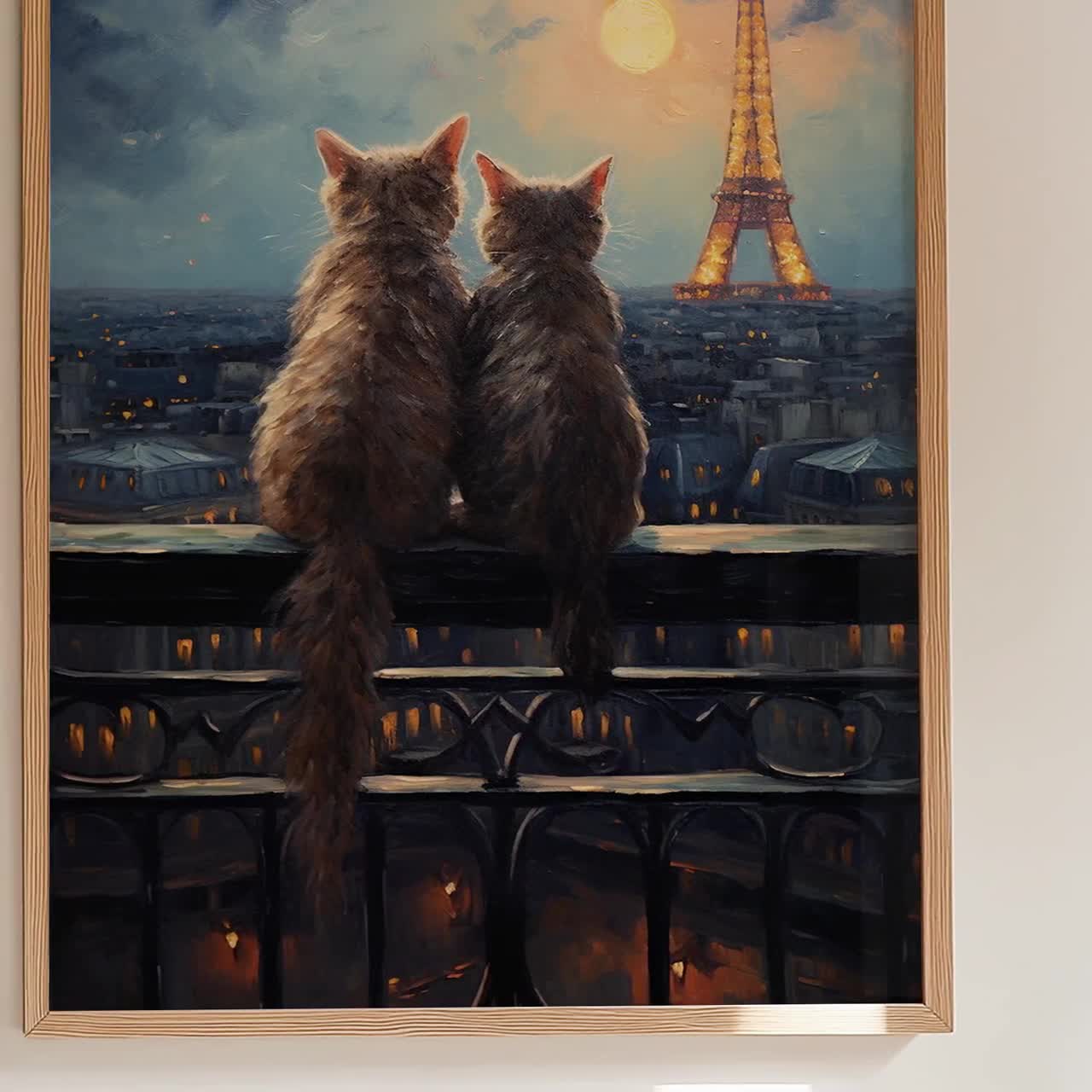 パリのエッフェル塔の猫の絵画プリント｜ロマンチックな猫のアート